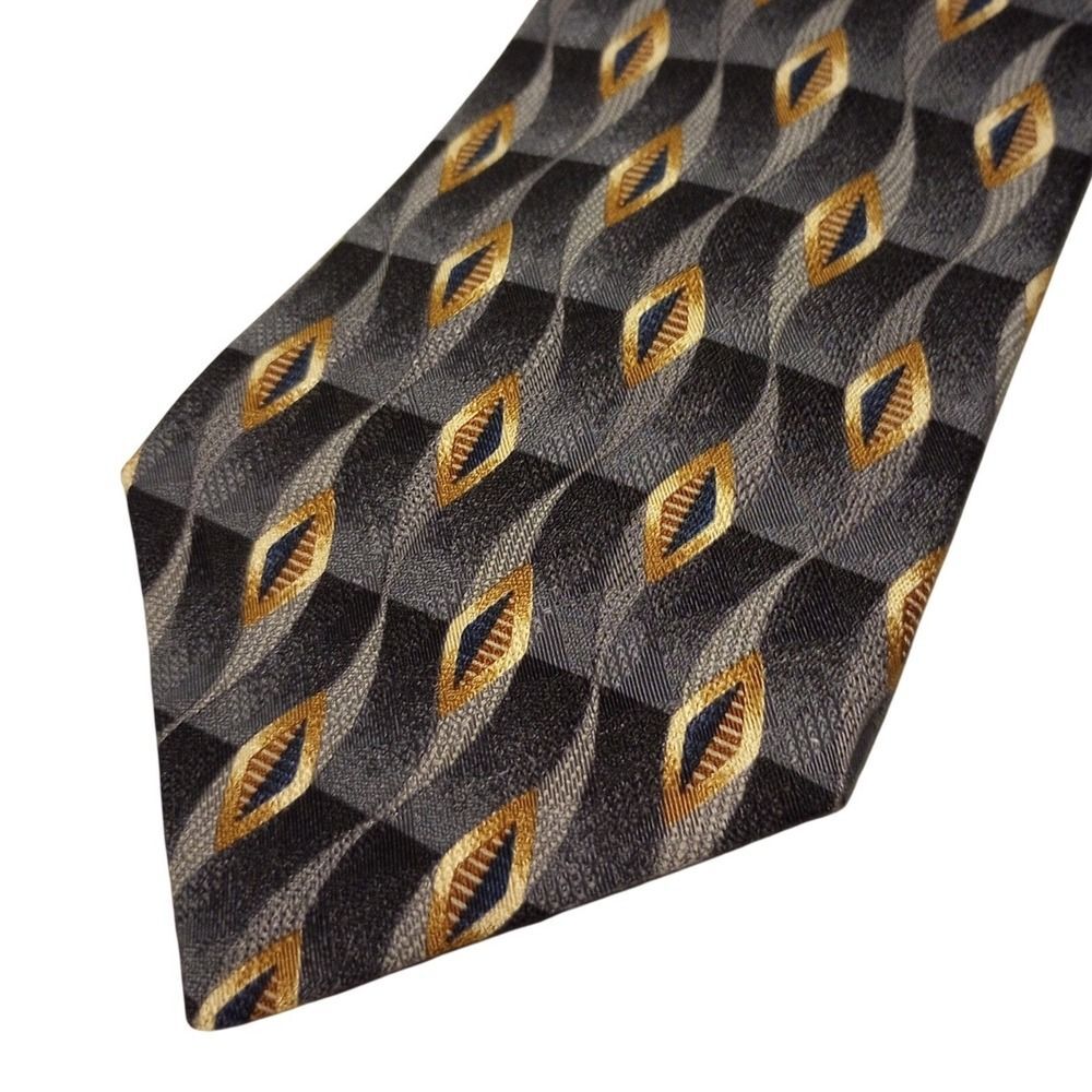 Louis Roth Mens Silk Tie Grey Blue Gold Geometric Diamond Pattern Woven Classic